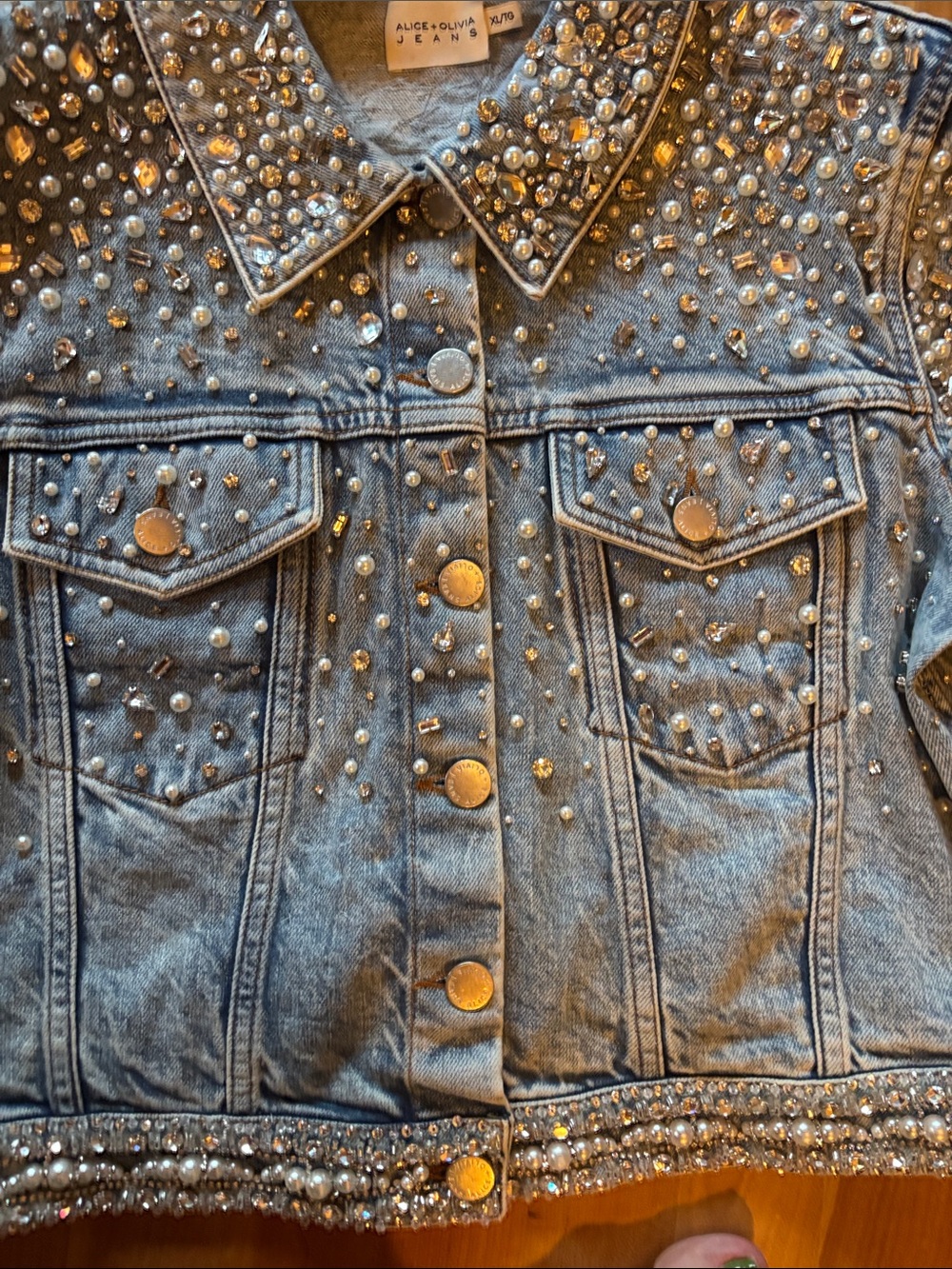 Alice + Olivia Light Blue Pearl-Embellished Denim Jacket - Picture 6 of 16